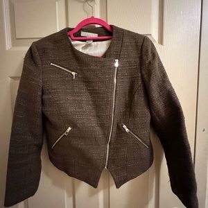 H&M Womens Olive Green Tweed Moto Blazer Jacket Zippers Crop